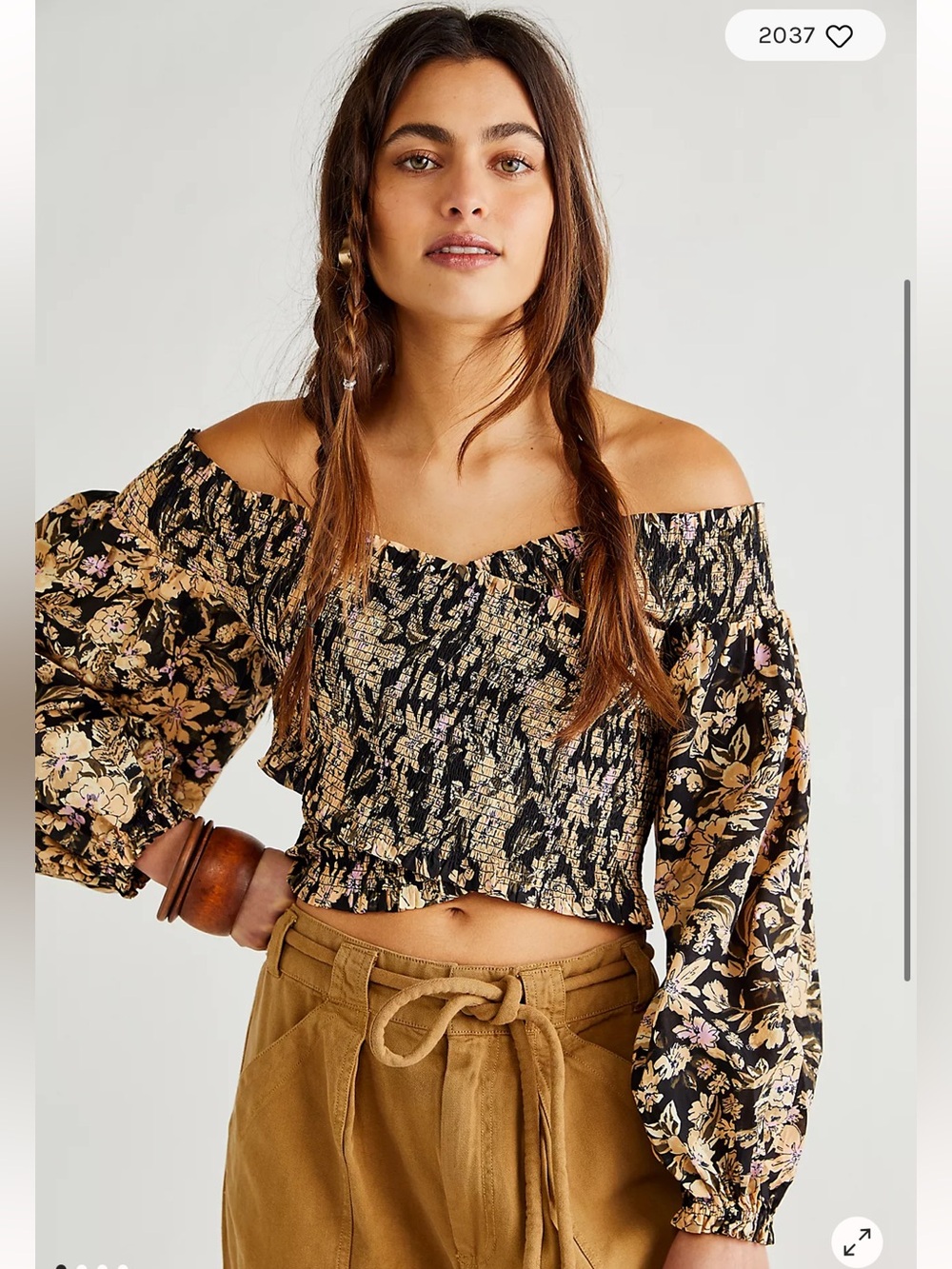 Free People East To West Smocked Floral Off Shoulder Smocked Crop Top size XS